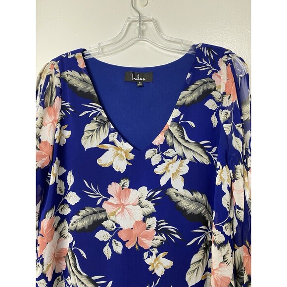 Lulus Tunic Dress Size S Blue Floral Slit Long Sleeves Chiffon Mini Office Party - Picture 10 of 14